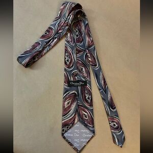 Christian Dior Monsieur Vintage 80s90s Silk Tie Abstract Burgundy Gray Pattern